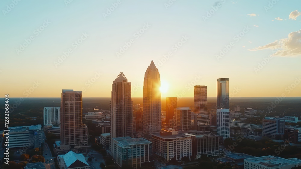 Fototapeta premium Skyscrapers Lined Up in Financial District During Golden Hour Sunset