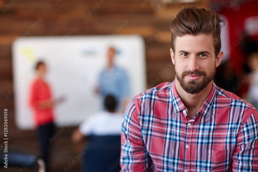 Fototapeta premium Portrait, creative and business man in startup, advertising specialist and campaign designer in office. Smile, confident entrepreneur and employee, marketing professional or brand strategist at work