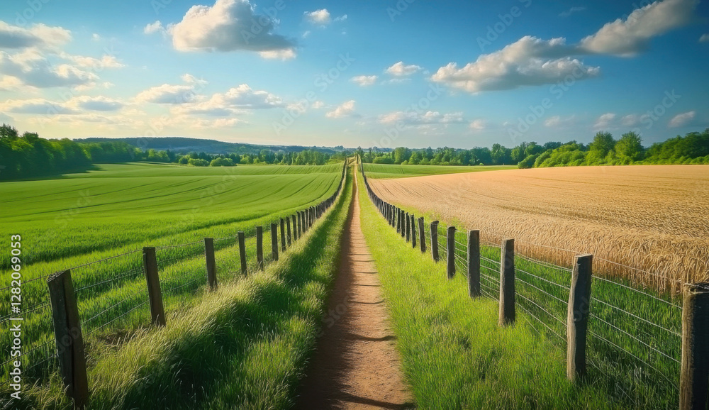 Naklejka premium Two fields separated by fence. One field green, thriving. Field parched, dull golden. Pathway runs through middle of fields. Vivid contrast illustrates grass always greener on side concept. Peaceful