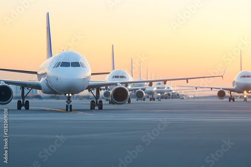 Airplanes lined up at an airfield against a sunrise-painted sky. Aircraft stand ready for travel, symbolizing connectivity and adventure.