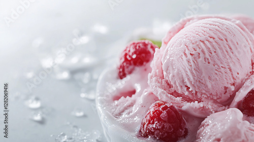 Berry Bliss: A tantalizing close-up of scoops of pink ice cream, adorned with vibrant raspberries, offering a refreshing escape.