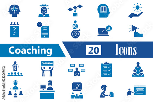 Coaching flat icon set. Icons containing training, coaching, mentoring, education, meeting, conference, teamwork. Icon collection. Editable stroke. Vector illustration