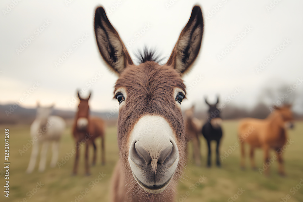 Up-close donkey portrait, showcasing its prominent ears and gentle eyes. Herd of donkeys in background. Serene pasture scenery, cloudy day, peaceful scene. Up-close donkey portrait, showcasing its prominent ears and gentle eyes. Herd of donkeys in background. Serene pasture scenery, cloudy day, peaceful scene.