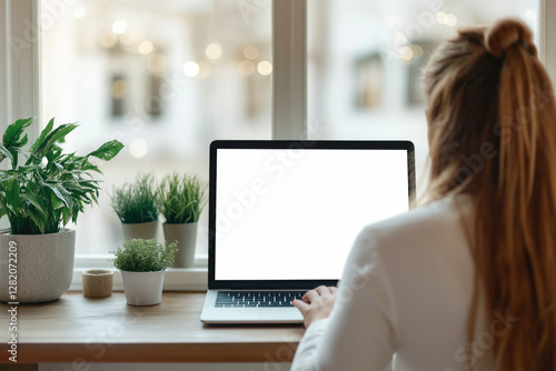 Over the shoulder view of blank white computer screen, home office of businesswoman