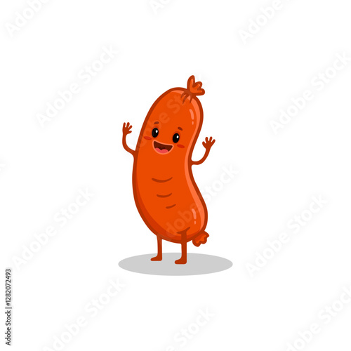 Cute cartoon sausage isolated on white. Funny Fast food character in flat style for menu, cards and banners. Vector illustration