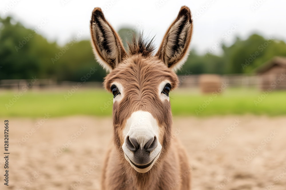 Portrait of a Brown Donkey with Long Ears and a White Nose in a Field, Capturing its Charming and Friendly Expression. Portrait of a Brown Donkey with Long Ears and a White Nose in a Field, Capturing its Charming and Friendly Expression.
