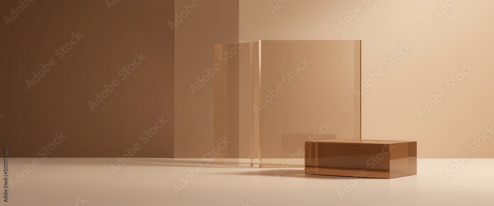 Fototapeta premium Colorful translucent glass panels, minimalist geometric background. Gradient of light tones of creme, beige and mocha mousse. Copy space, banner size