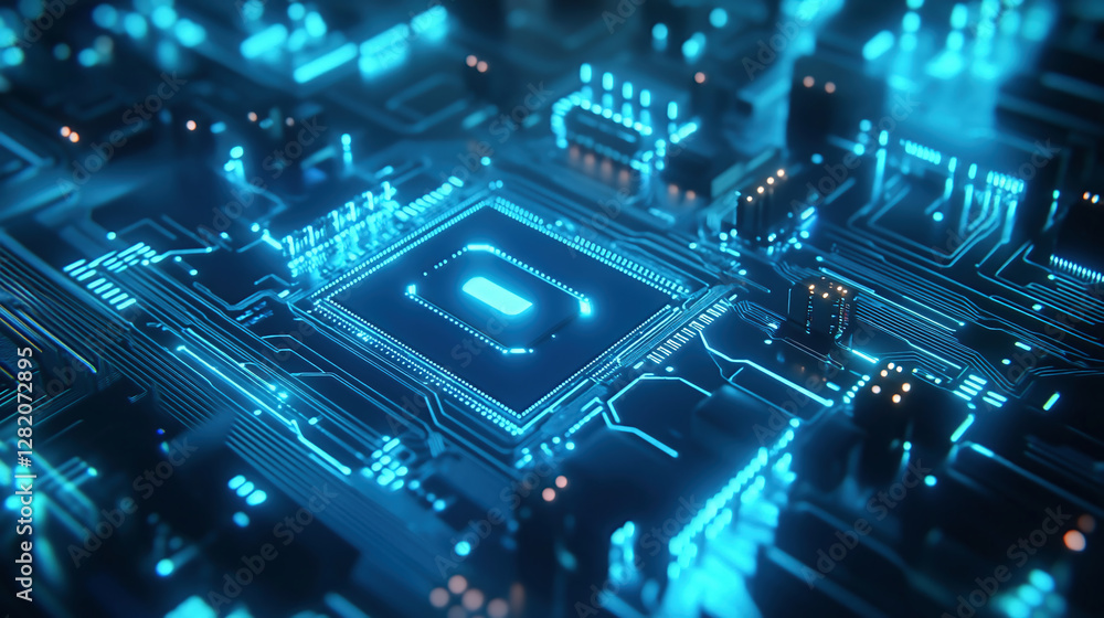 Abstract blue circuit board background with glowing elements, a technology and computer concept. Vector illustration design. Copy space, high quality, black background