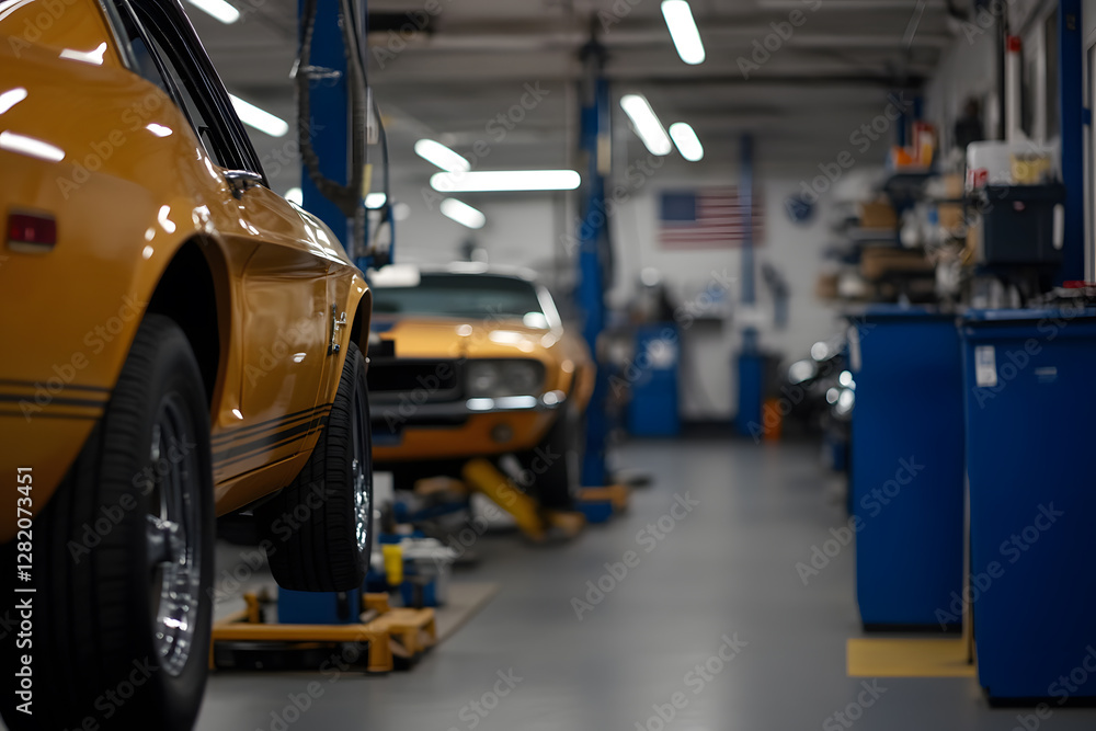 Classic Muscle Cars Getting Restored in an American Workshop with Bright Lighting, Car Lifts and Tool Storage for the Auto Enthusiast. Classic Muscle Cars Getting Restored in an American Workshop with Bright Lighting, Car Lifts and Tool Storage for the Auto Enthusiast.