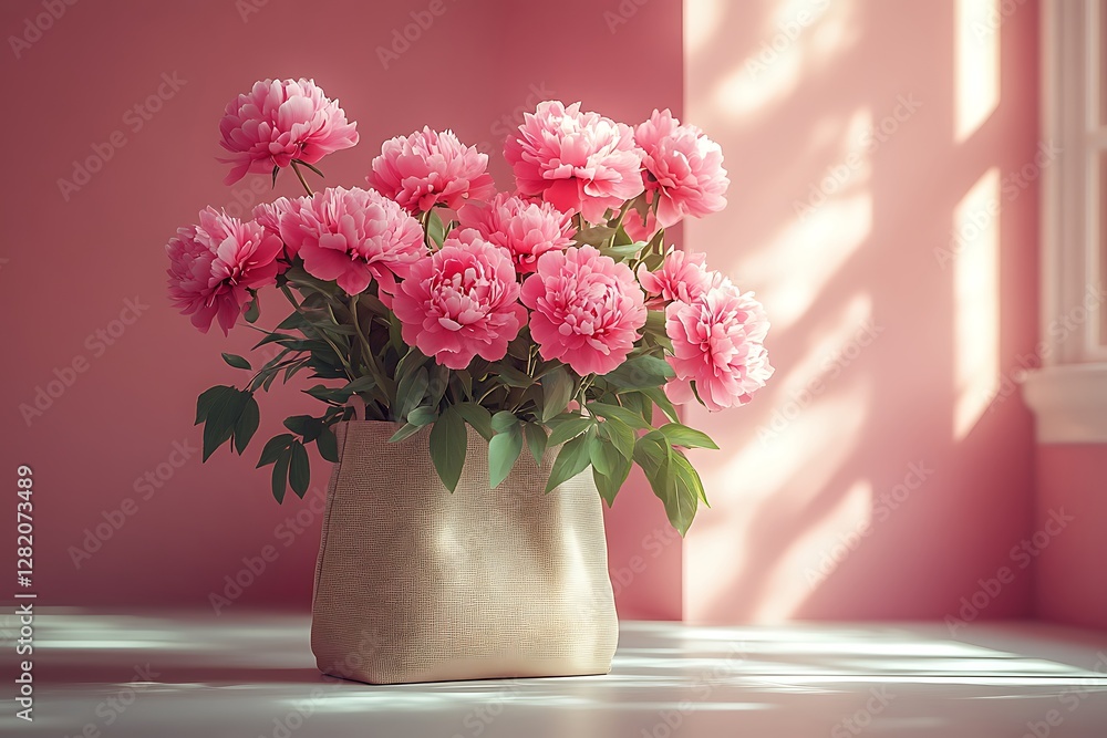 Fototapeta premium Pink Peonies in a Beige Vase with Soft Sunlight