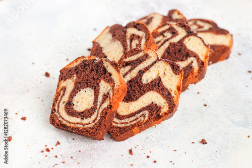 Homemade traditional marble pound cake.