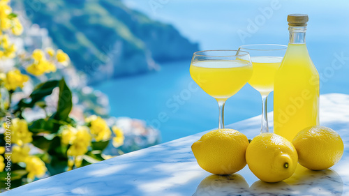 Limoncello liqueur with ripe yellow lemons on the background of beautiful sea coast photo