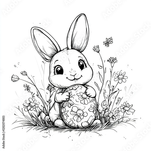 Fun Easter-themed coloring page featuring eggs, bunnies, and spring flowers, perfect for creative and festive activities.

 photo