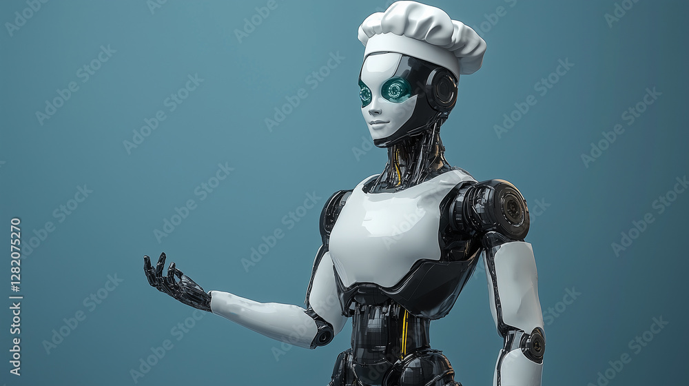 A cyborg in a dark body and a chef's hat isolated on blue background.