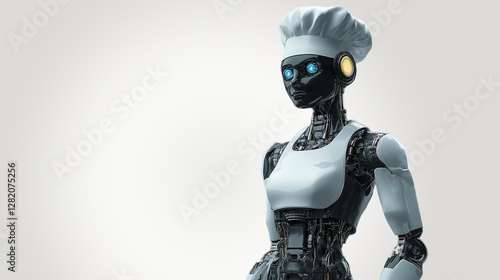 Obraz na płótnie A cyborg in a dark body and a chef's hat isolated on white background. w salonie