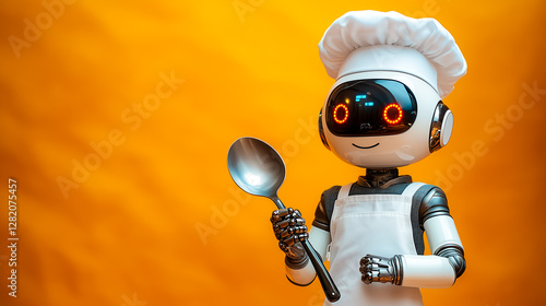 Obraz na płótnie Cute little robot cook with giant spoon and in chef's hat isolated on yellow background. w salonie