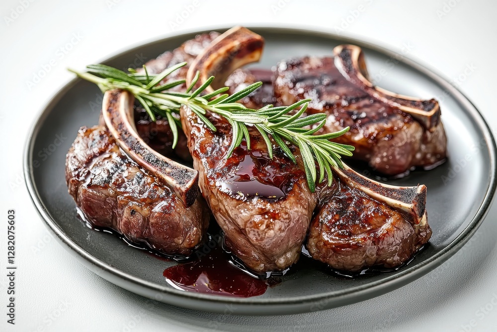Close-up of perfectly grilled lamb chops adorned with rosemary and a luscious sauce, presented on a stylish black plate, ready for a sophisticated dining experience. Close-up of perfectly grilled lamb chops adorned with rosemary and a luscious sauce, presented on a stylish black plate, ready for a sophisticated dining experience.