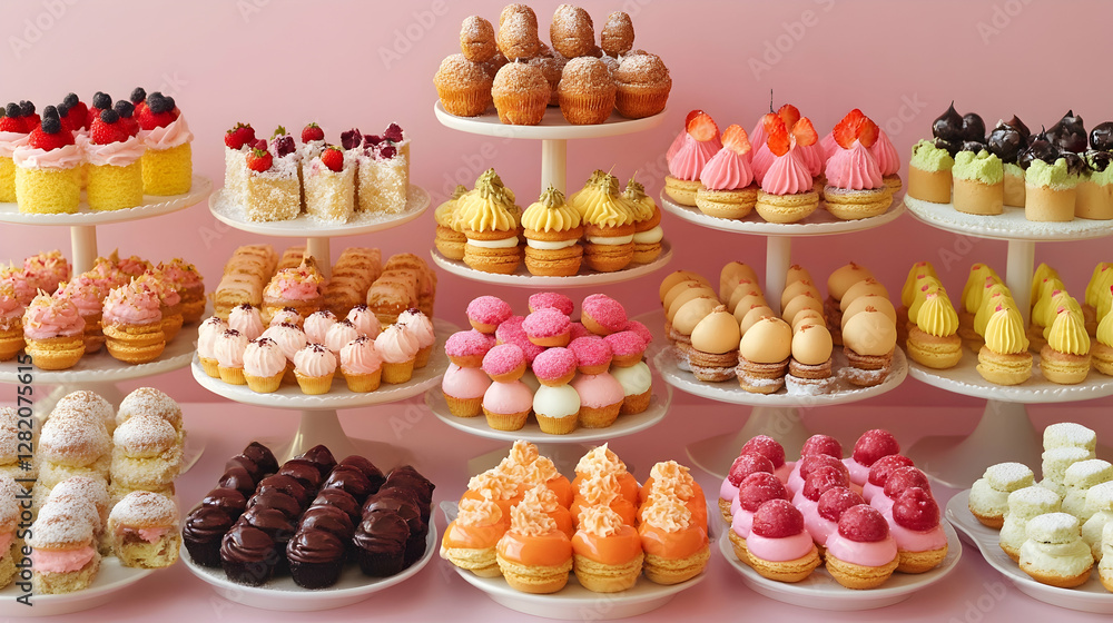 French confectionery display with chromatic patisserie arrangement French confectionery display with chromatic patisserie arrangement