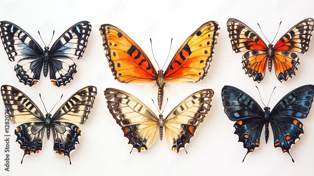 A vibrant collection of watercolor butterflies beautifully set against a white background. A vibrant collection of watercolor butterflies beautifully set against a white background.