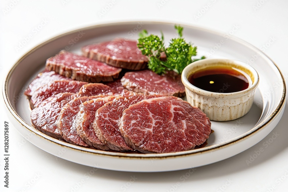Delicious slices of Wagyu beef served with dipping sauce and fresh parsley, on an elegant white plate presented against a clean, bright white background, tempting the taste buds. Delicious slices of Wagyu beef served with dipping sauce and fresh parsley, on an elegant white plate presented against a clean, bright white background, tempting the taste buds.