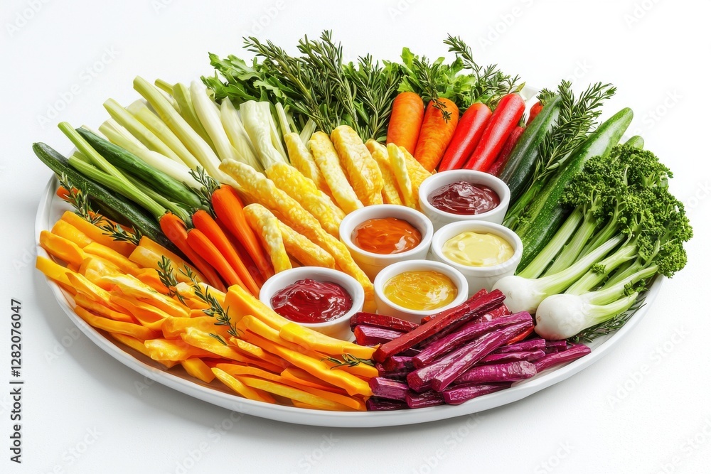 A vibrant vegetable platter featuring a colorful array of fresh, crisp vegetables with an assortment of delicious dipping sauces, arranged on a clean white background for healthy snacking. A vibrant vegetable platter featuring a colorful array of fresh, crisp vegetables with an assortment of delicious dipping sauces, arranged on a clean white background for healthy snacking.