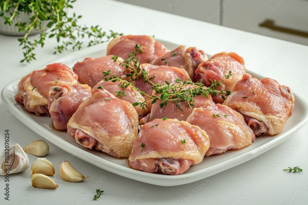 A platter of fresh, raw chicken thighs, garnished with thyme sprigs and garlic cloves, ready for cooking into a delicious and savory meal in the kitchen. A platter of fresh, raw chicken thighs, garnished with thyme sprigs and garlic cloves, ready for cooking into a delicious and savory meal in the kitchen.