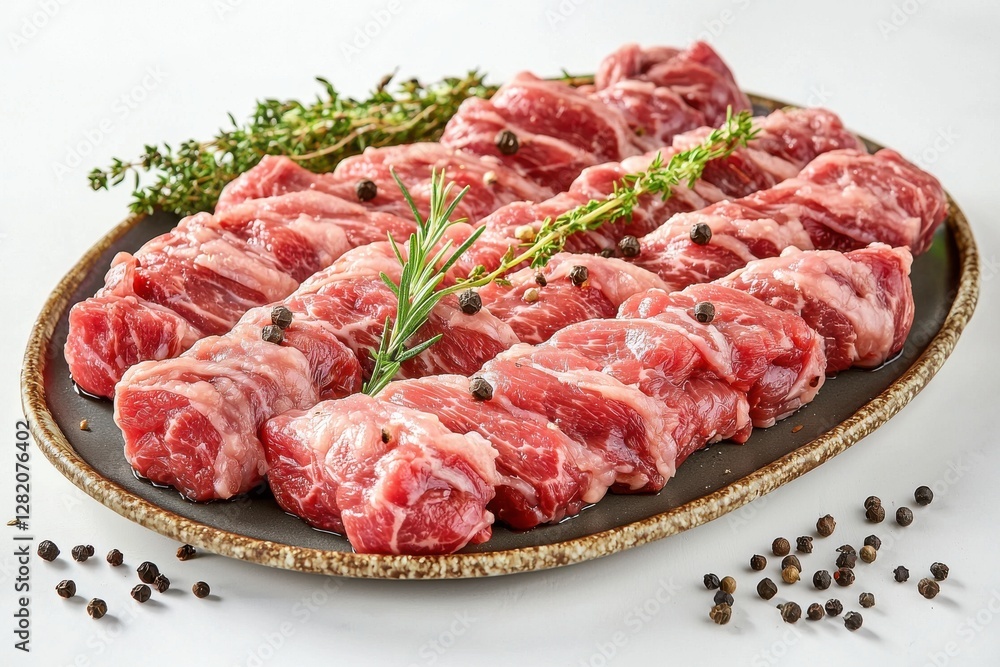 Platter of raw, marbled beef cubes garnished with fresh rosemary, thyme and peppercorns, emphasizing quality and readiness for gourmet cooking preparations. Platter of raw, marbled beef cubes garnished with fresh rosemary, thyme and peppercorns, emphasizing quality and readiness for gourmet cooking preparations.