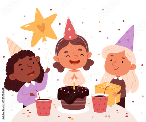 Children's birthday. Three girlfriends congratulate each other on their birthday. Cake, balloons, confetti.