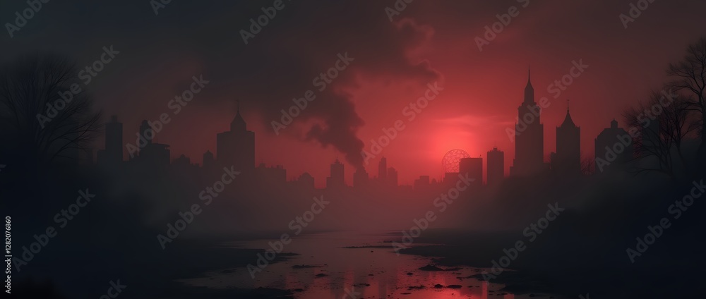 Fototapeta premium City Skyline at Sunset with Misty Horizon, Urban Landscape Scene