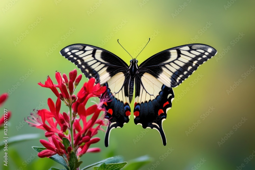 Black and yellow butterfly on red flower. Black and yellow butterfly on red flower.