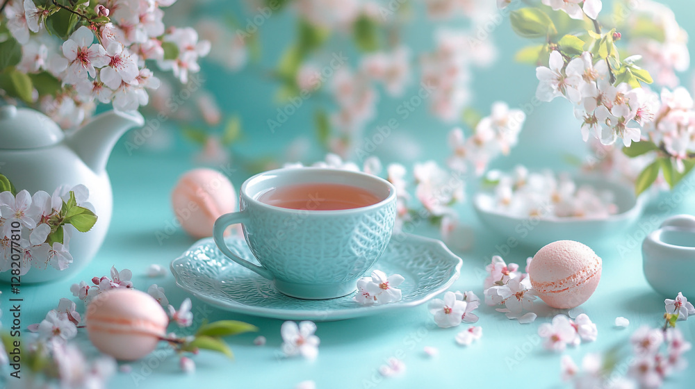Beautiful spring tea setting with cherry blossoms and macarons on a blue background Beautiful spring tea setting with cherry blossoms and macarons on a blue background