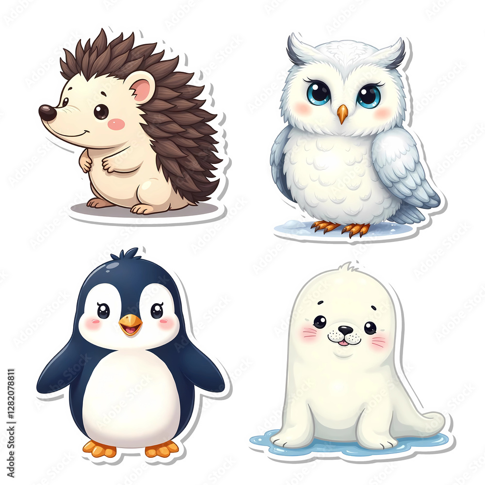 Fototapeta premium Winter animals cartoon characters illustration stickers set isolated on transparent background, PNG file add