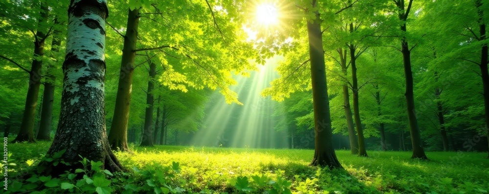 Obraz premium Bright green birch leaves, dappled sunlight, forest setting, leaves, trees