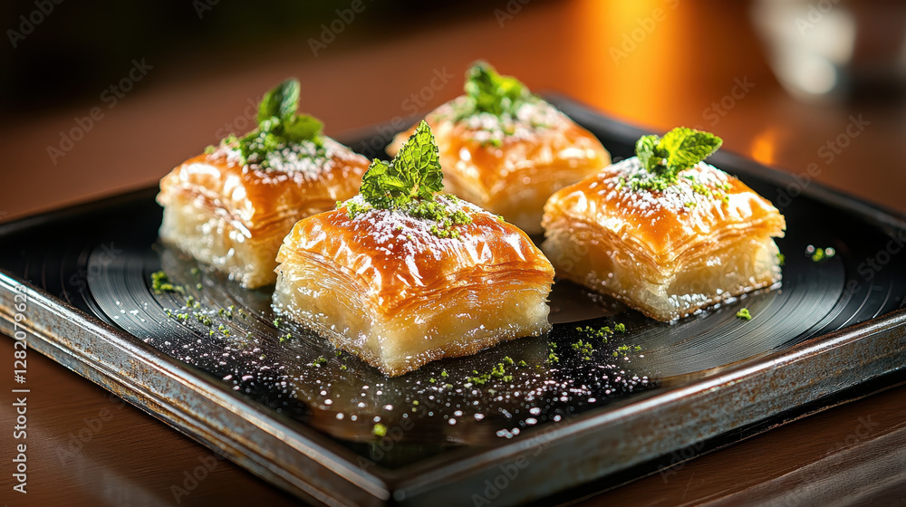 Deliciously Crafted Baklava with Mint Garnish and Honey Drizzle Delight Deliciously Crafted Baklava with Mint Garnish and Honey Drizzle Delight