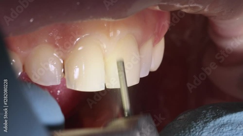 the dentist carefully processes the patient's teeth for gluing veneers