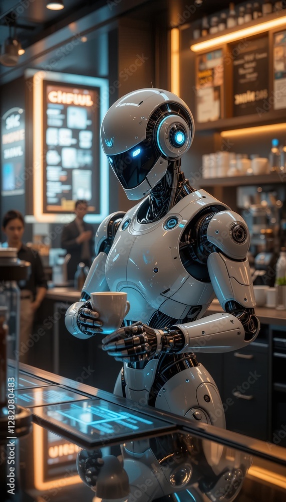 Futuristic robot barista serving coffee in a sleek urban café during the busy morning rush Futuristic robot barista serving coffee in a sleek urban café during the busy morning rush
