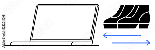 Laptop placed next to seats with arrows pointing sideways indicating movement, flexibility. Ideal for remote work, technology, mobility, flexibility, dynamic, workplace adaptability, abstract line