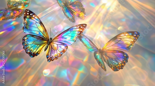 Abstract butterflies made of stained glass, flying through soft beams of light, ethereal and graceful