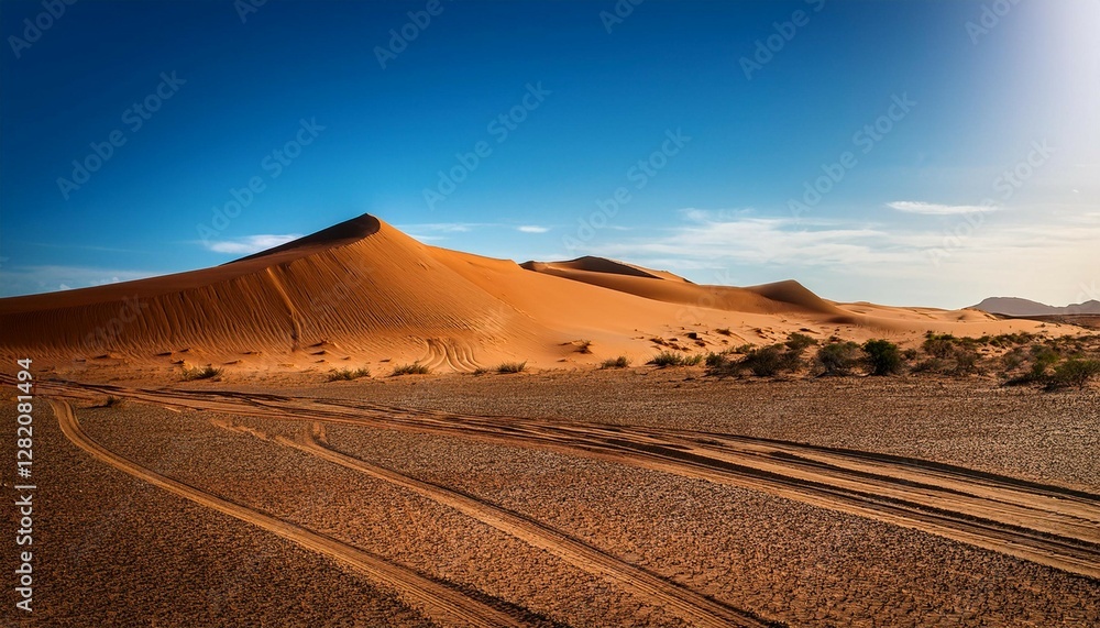 majestic dune against azure sky dark soil crown gravel terrain with vehicle tracks endless brown land evokes nature s grandeur majestic dune against azure sky dark soil crown gravel terrain with vehicle tracks endless brown land evokes nature s grandeur