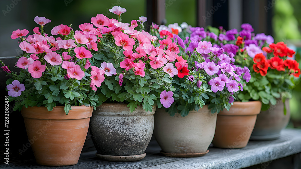 A peaceful garden corner adorned with bright geranium flowers in terracotta pots A peaceful garden corner adorned with bright geranium flowers in terracotta pots