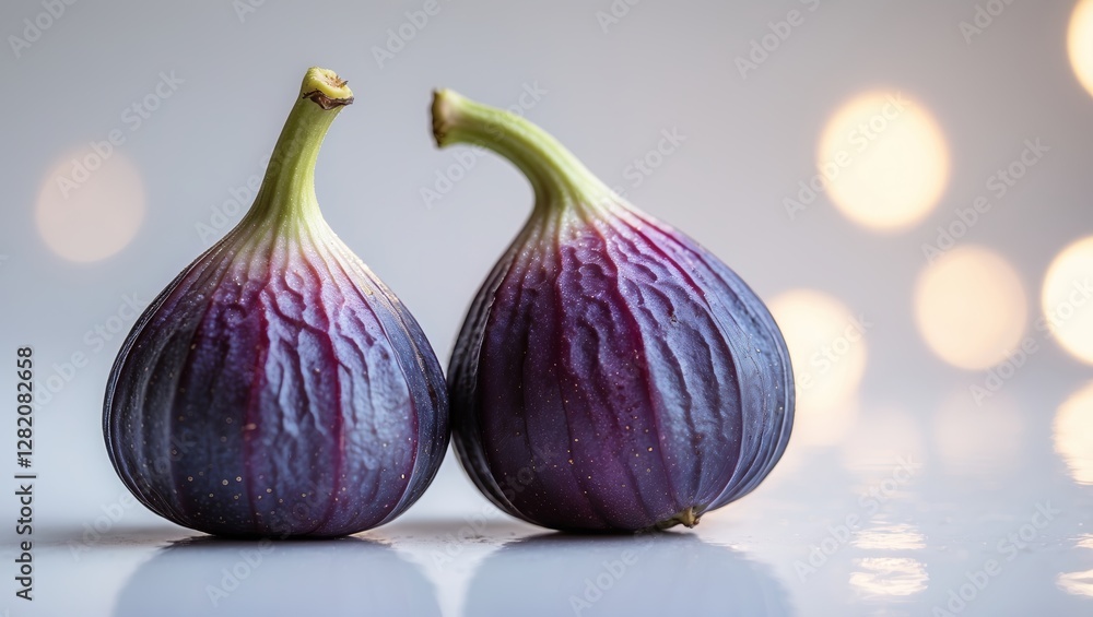 Obraz premium Two ripe figs sit on a reflective surface with soft bokeh lighting in the background during a bright afternoon