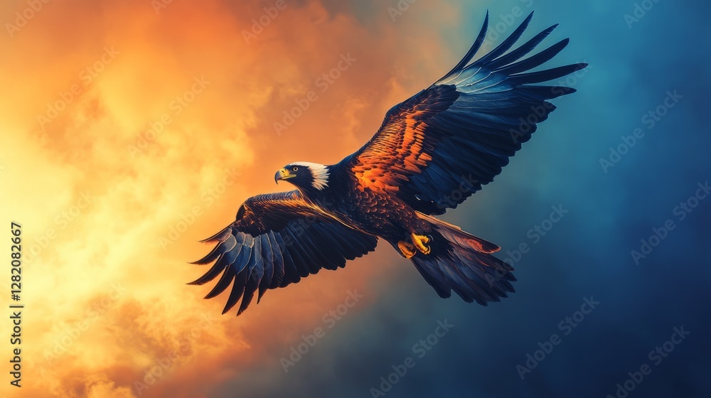 Fototapeta premium Abstract eagle with glowing gradient wings, soaring across sunset sky, blending warm orange and deep blue