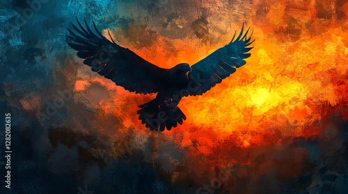 Wallpaper Mural Abstract eagle with glowing gradient wings, soaring across sunset sky, blending warm orange and deep blue Torontodigital.ca