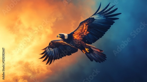 Wallpaper Mural Abstract eagle with glowing gradient wings, soaring across sunset sky, blending warm orange and deep blue Torontodigital.ca