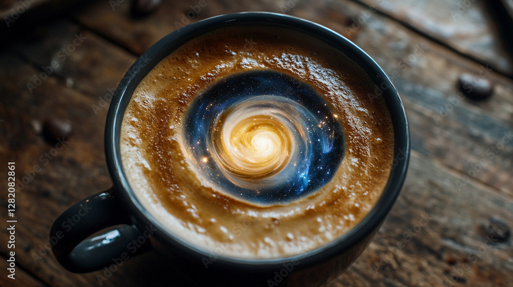 Coffee cup with a swirling galaxy design on the surface, evoking cosmic wonder Coffee cup with a swirling galaxy design on the surface, evoking cosmic wonder