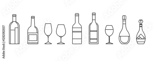 Flat linear icons set of wine bottles and glasses - vector style.