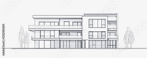 Flat linear icons set of modern building architecture in vector style.