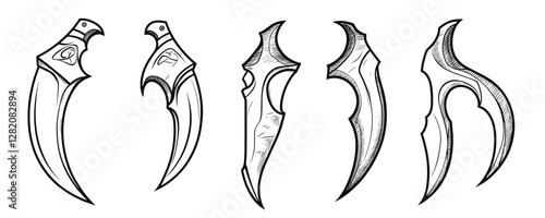 Flat linear blades icons set - stylized vector knives and daggers collection.