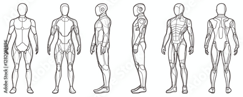 Futuristic flat linear robot icons set: front, side, back views.