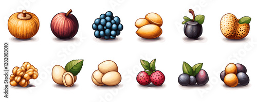 Flat vector icons set of fruits and nuts with leaves in a modern style.